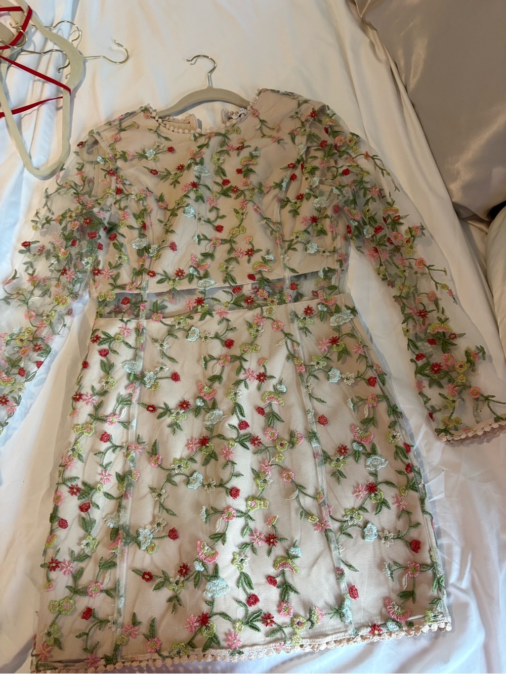 Vici Floral Embroidered Sheer Mini Dress - Pink & Green